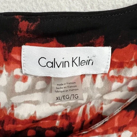 Calvin Klein Red Black Abstract Stripe Print Pleated Neckline Sleeveless Top XL - Picture 2 of 7